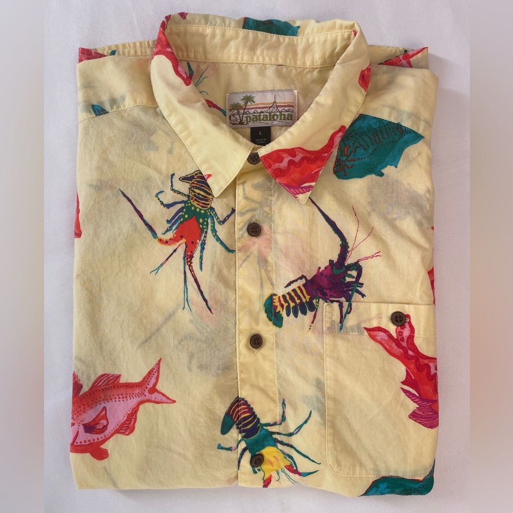 Patagonia Malihini Pataloha Shirt Men's M/L Sea Harvest Vela Peach Fish Lobster